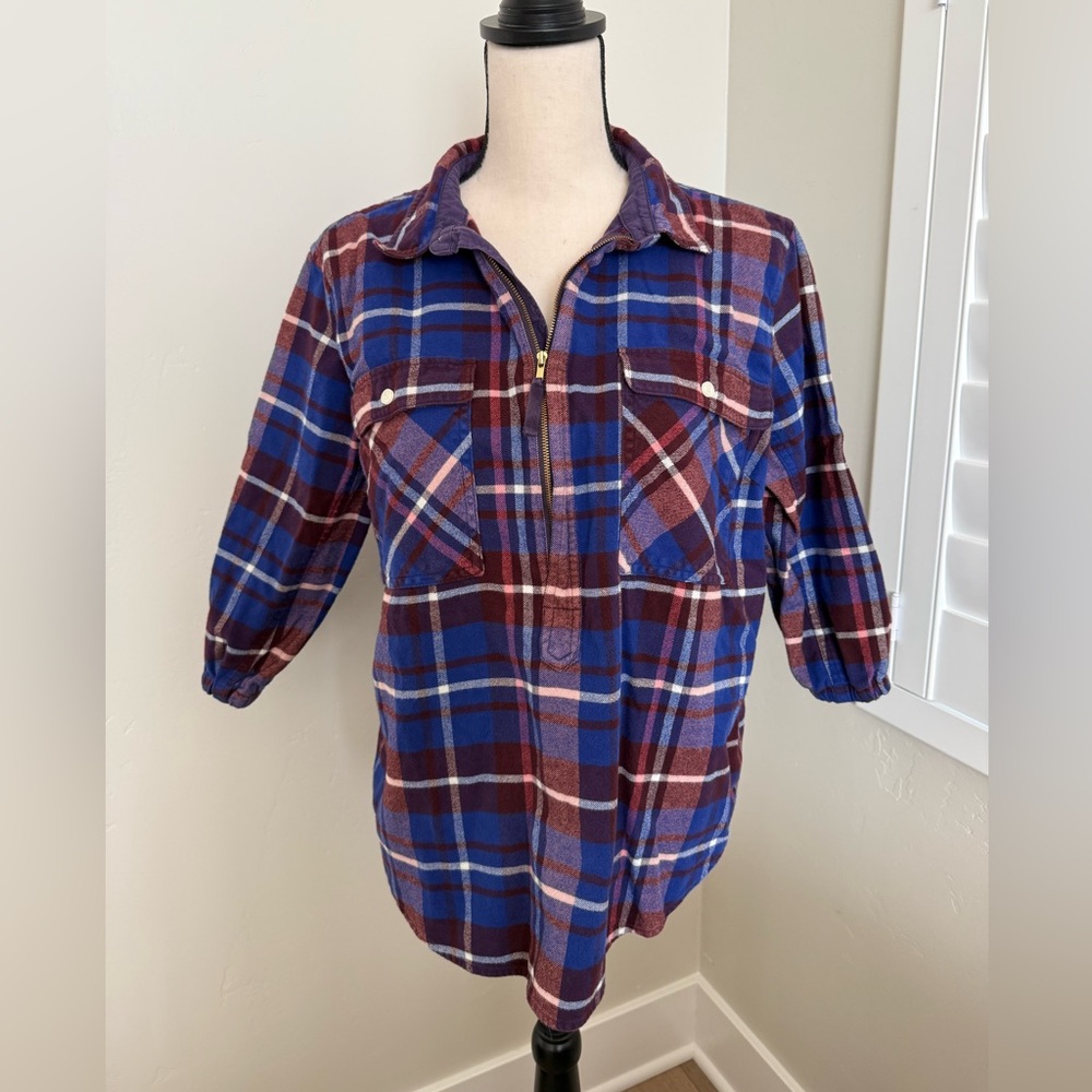 J Crew Plaid Mid Zip-Up Shirt | 3/4 Sleeves | Size XL
